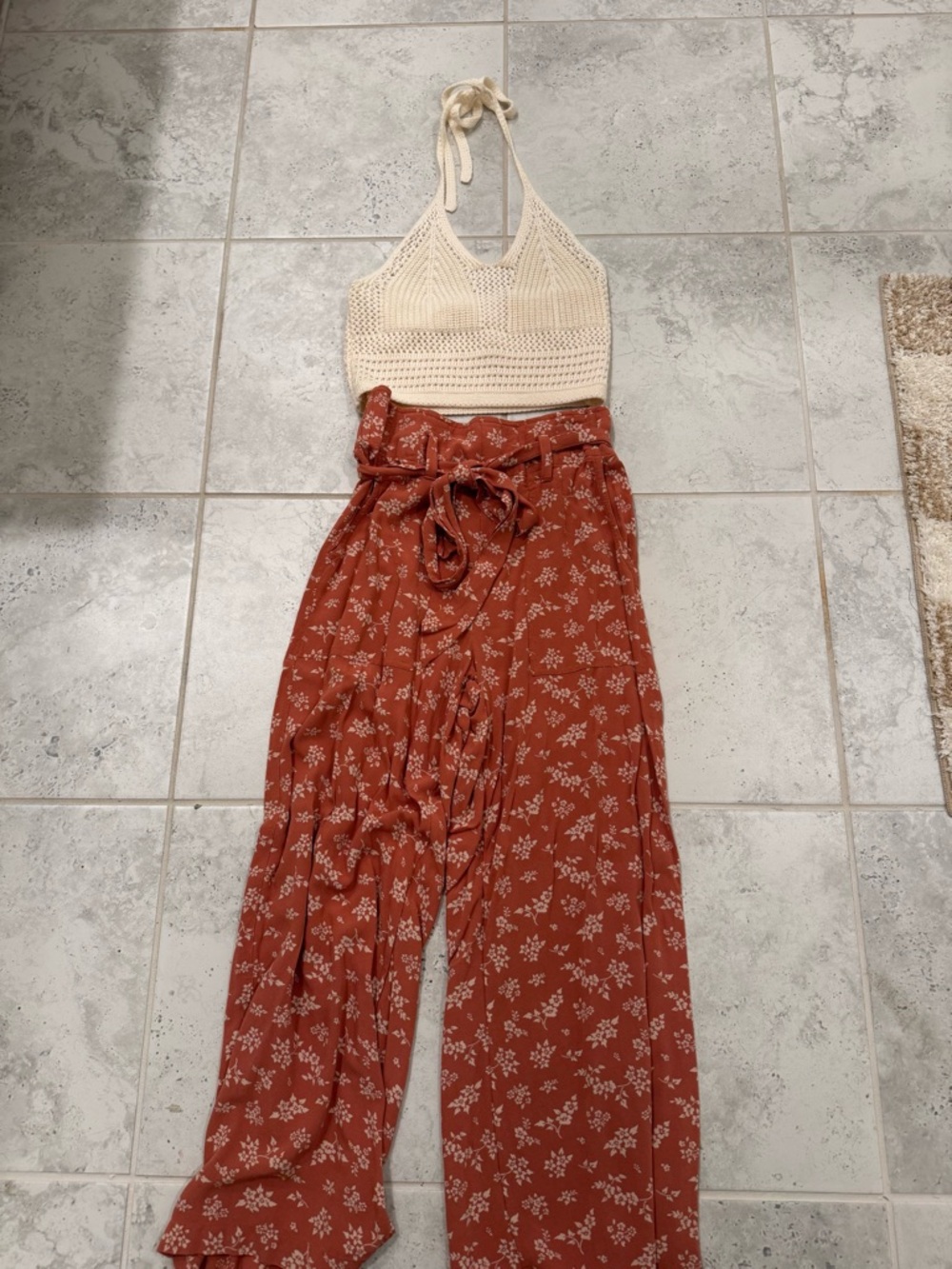 aerie Rust Floral Wide-Leg Paperbag Pants with Belt